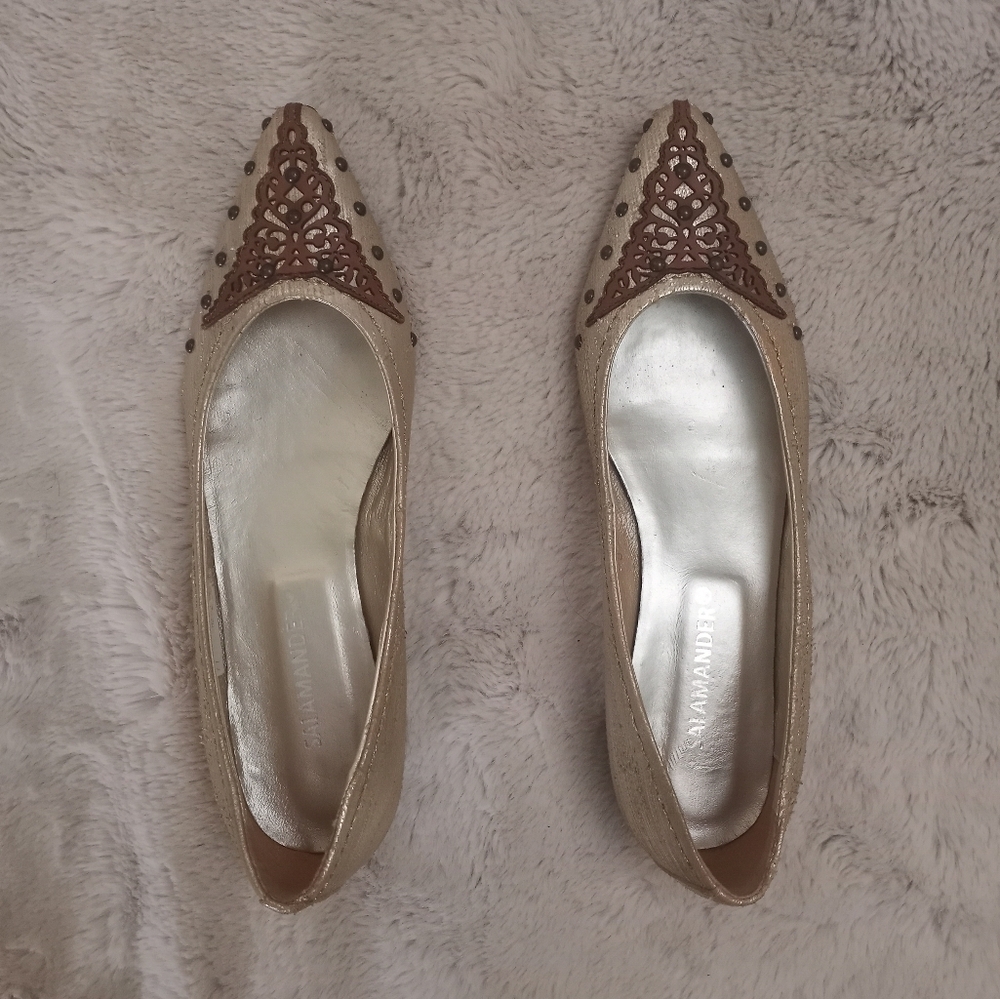 Salamander Silk Bohemian Casual  Embroidered Copper Studded Pointed Toe Flats